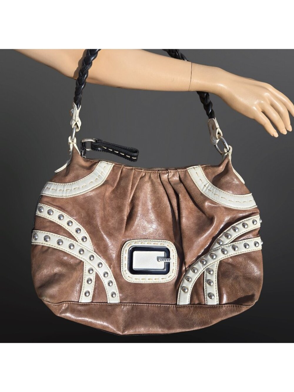 Vintage Y2K GUESS Handbag Brown Cream Silver Studded Hobo Shoulder Bag